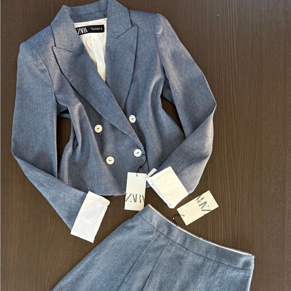 Zara Denim Blue Blazer and Skirt Ensemble